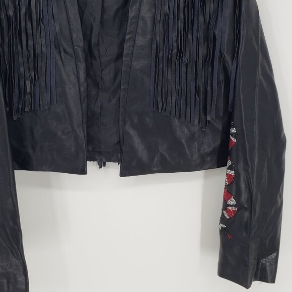 Judith March Faux Leather Fringe Trim Jacket L Rhinestone Snake Black Red - Picture 6 of 9